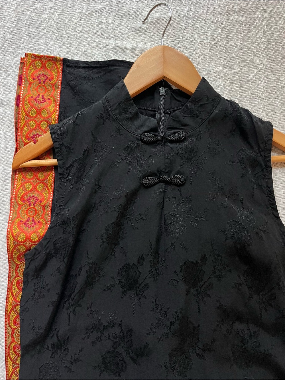 90s Zoe Cocktail Dress - Jacqard Floral, Mandarin Collar, Satin Brocade Trim